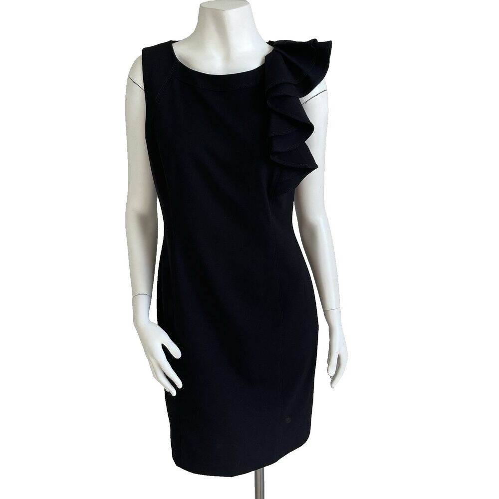 Calvin Klein Ruffle One Shoulder‎ Sheath Cocktail Party Black Dress 6